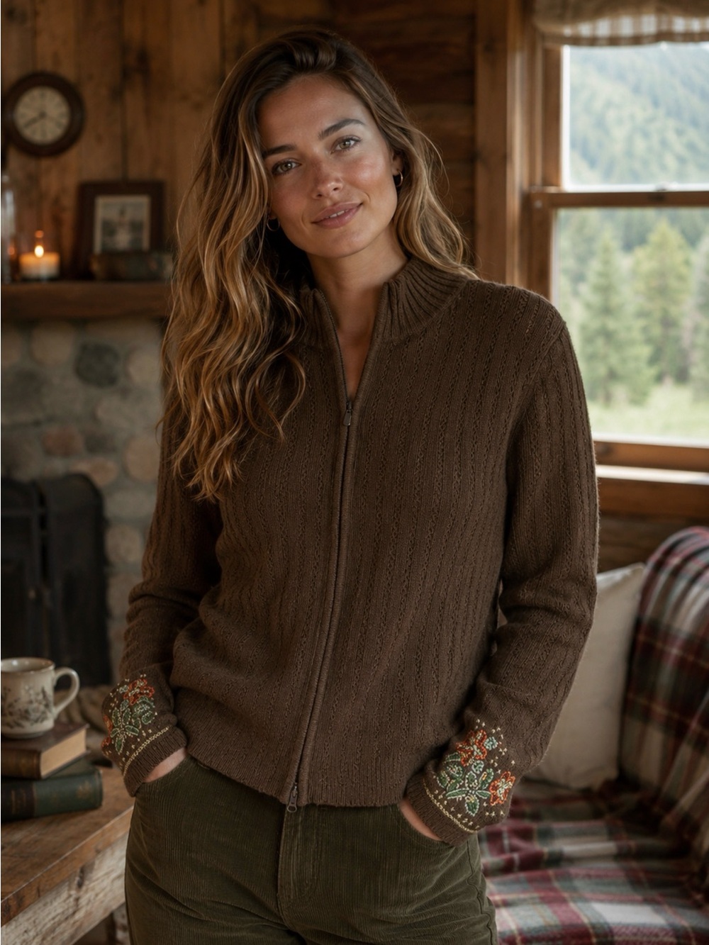Vintage Covington Maple Brown Wool Blend Cardigan Sweater 20/22W Dual Zip Flora